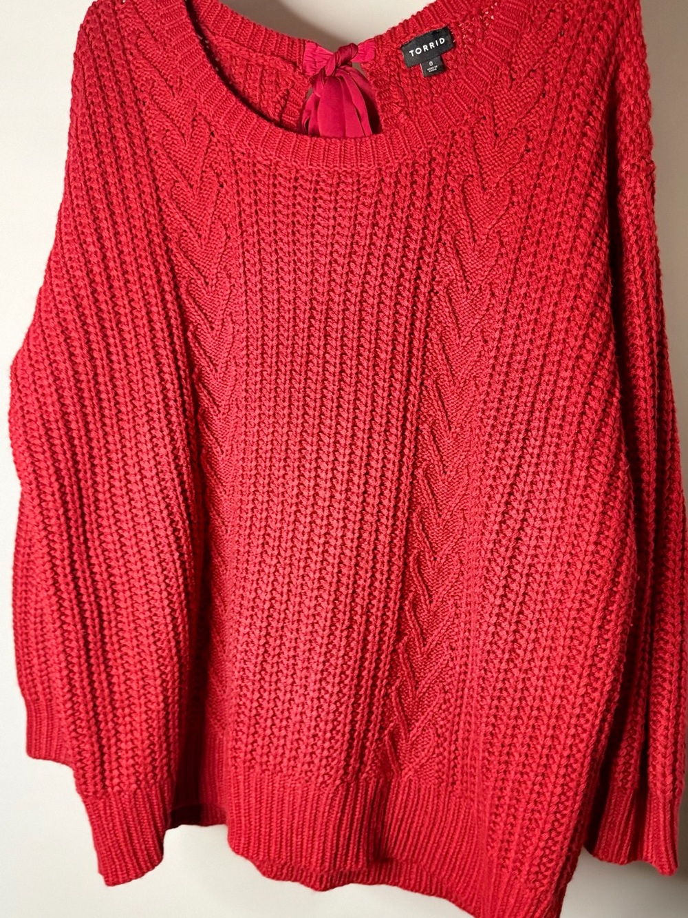 Torrid Cable Knit Sweater Womens 0 Red Good Heart Stitch Open Back Satin Tie